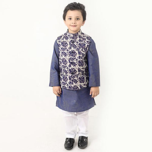 Navy Batik Rose Print Bandi With Kurta And Pyjama Set For Son