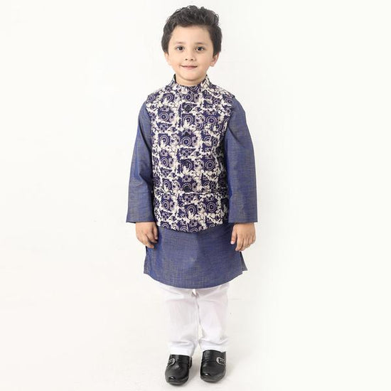 Navy Batik Rose Print Bandi With Kurta And Pyjama Set For Son