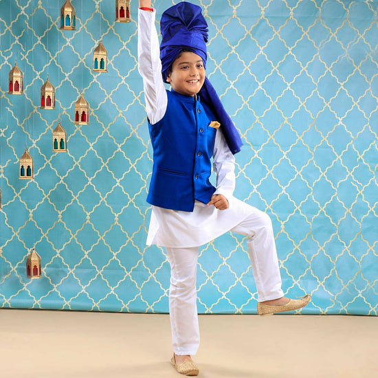 Royal Blue Textured Bandi With Kurta & Pyjama Set For Son
