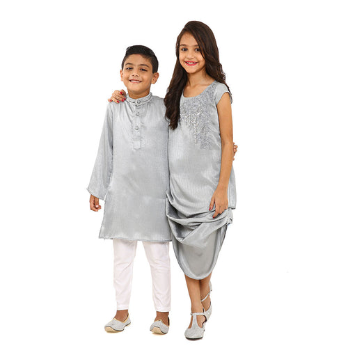 Grey zardosi and resham work kurta set and fusion dress