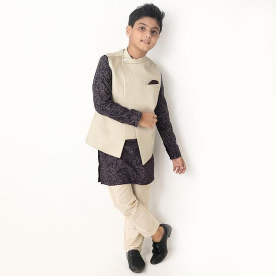 Off-white Asymmetric Layered Placket Bandi With Matching Printed Kurta And Pyjama Set For Son