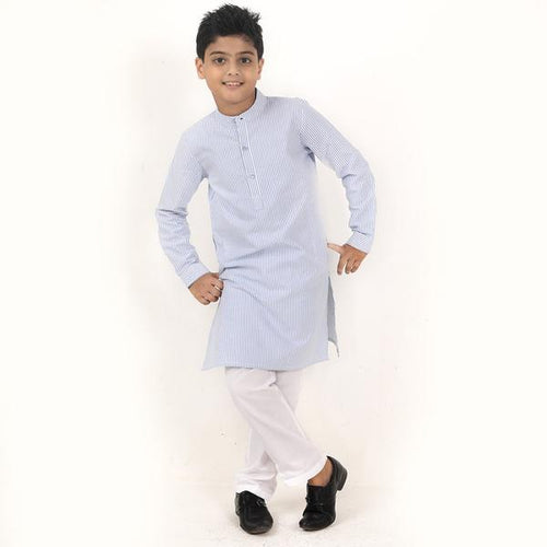 Light Blue Stripped, Matching Kurta With Pyjama Set For Son