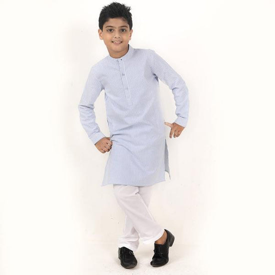 Light Blue Stripped, Matching Kurta With Pyjama Set For Son