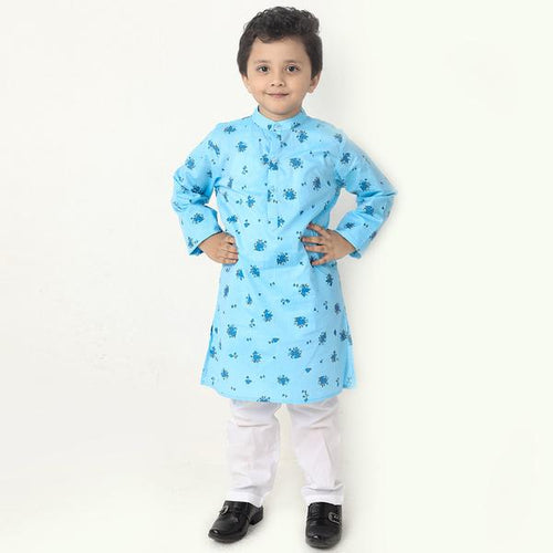 Floral Print Sea Blue Kurta And Pyjama Set For Son