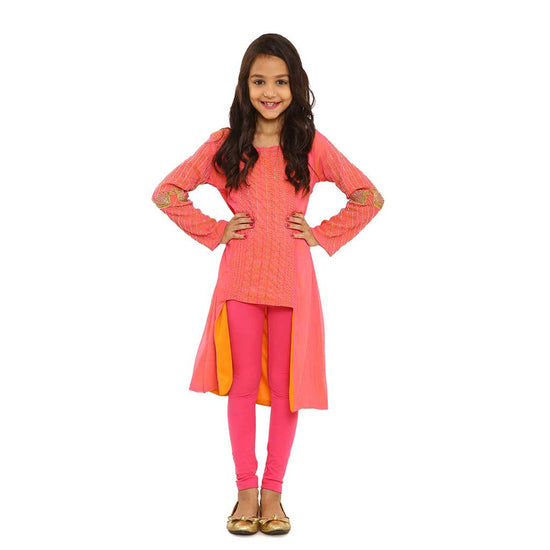 pink embroidered high low fusion dress with legging