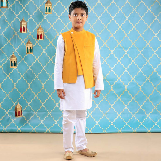 Mustard Layered Corduroy Bandi With White Kurta & Pyjama Set For Son