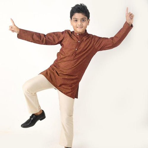 Rust Shimmer Matching Kurta And Pyjama Set For Son