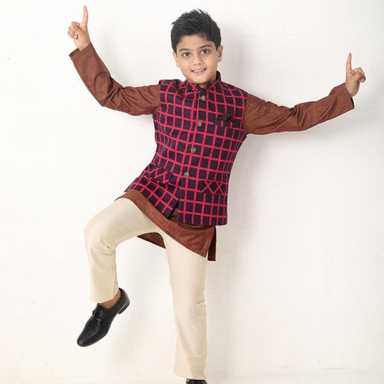 Red Checks Bandi With Matching Kurta And Pyjama Set For Son
