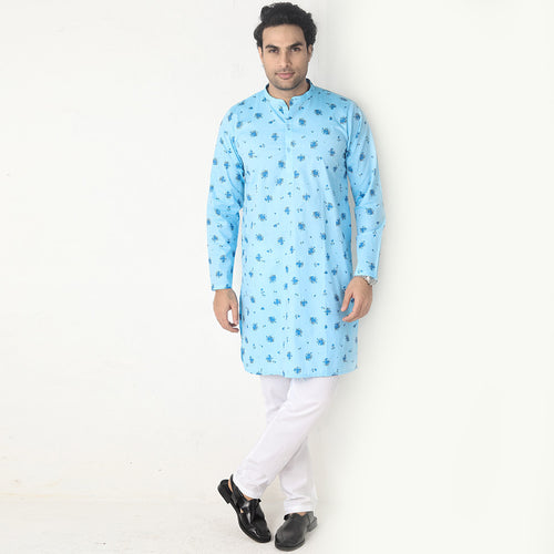 Floral Print Sea Blue Kurta And Pyjama Set For Men