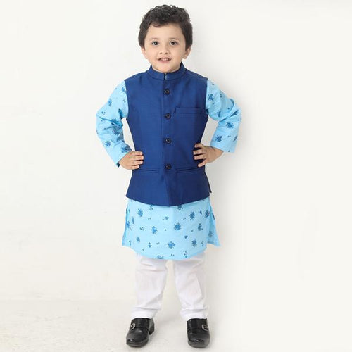Royal Blue Bandi With Matching Printed Kurta And Pyjama Set For Son