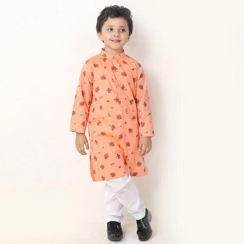 Peach Floral Print Matching Kurta And Pyjama Set For Boys
