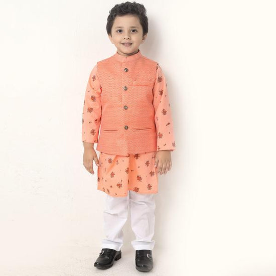 Peach Brocade Bandi With Matching Printed Kurta With Pyjama Set For Son