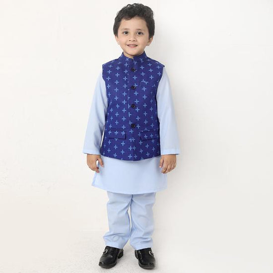 Blue printed bandi with matching kurta and pyjama set For Son