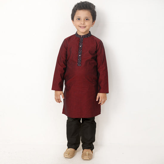 Maroon With Floral Collar Matching Kurta And Pyjama Set For Son