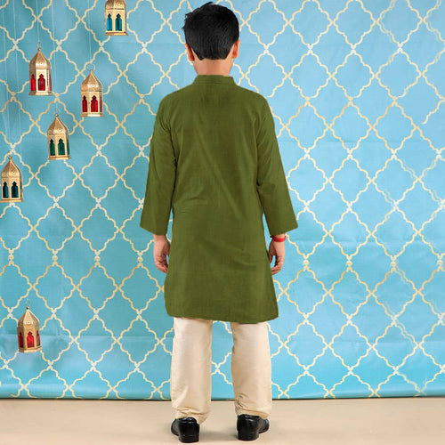 Olive Green Long Kurta & Pyjama Set For Father-Son