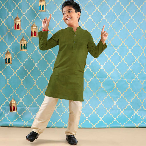 Olive Green Long Kurta & Pyjama Set For Father-Son