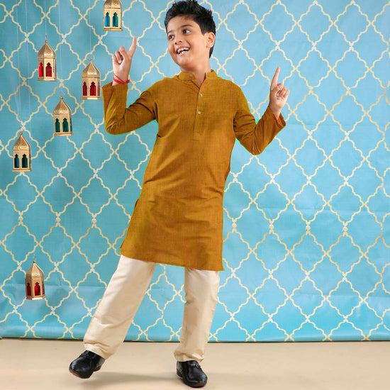 Mustard Kurta With Beige Pyjama Set For Son
