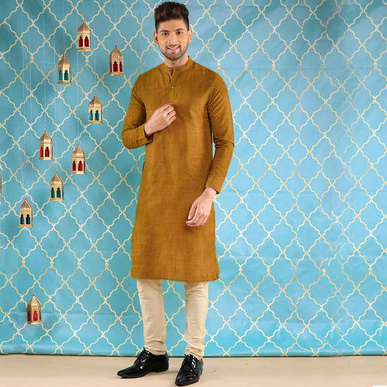 Mustard Kurta With Beige Pyjama Set For Men