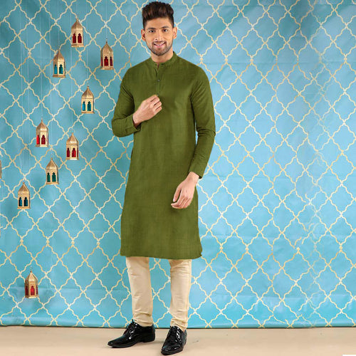 Olive Green Long Kurta & Pyjama Set For Father-Son