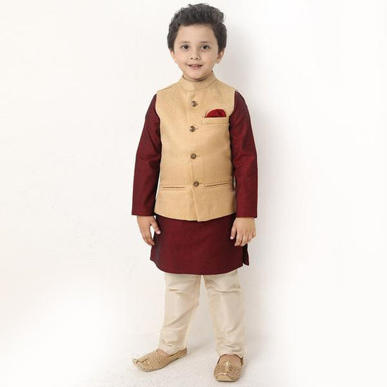Gold Brocade Bandi With Matching Kurta And Pyjama Set For Son