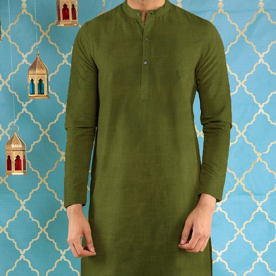 Olive Green Long Kurta & Pyjama Set For Father-Son