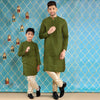 Olive Green Long Kurta & Pyjama Set For Father-Son