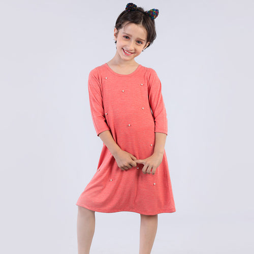 Pearl Embelished Coral Flare Dress For Daughter