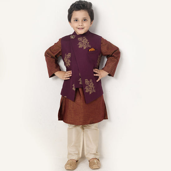 Mauve Floral Asymmetric Bandi With Matching Kurta And Pyjama Set For Son
