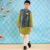 Dark Printed Olive Bandi With Kurta & Pyjama Set For Son