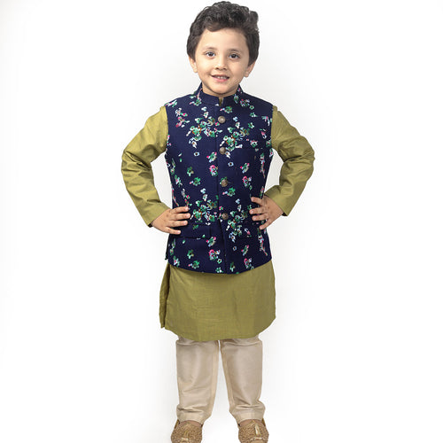 Navy Corduroy Floral Bandi With Matching Kurta And Pyjama Set For Son