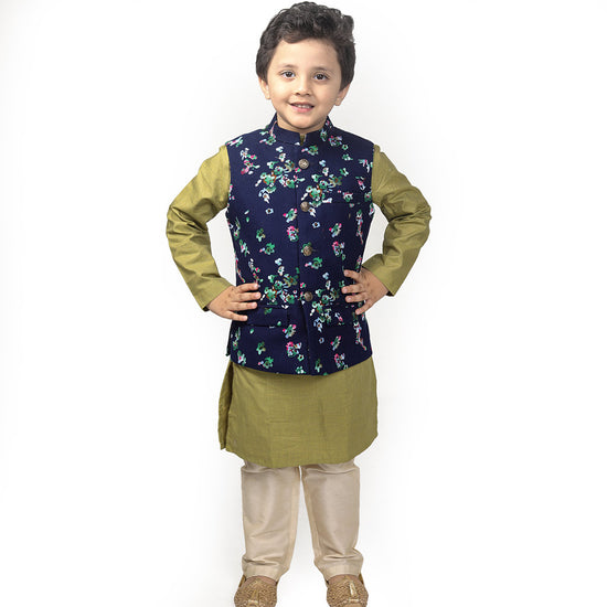 Navy Corduroy Floral Bandi With Matching Kurta And Pyjama Set For Son