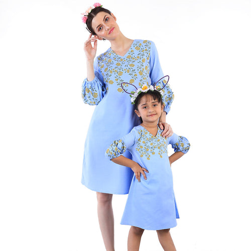 Yellow Roses Blue Shift Dress For Mom And Daughter