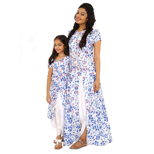 print emroidery fusion front slit dress with dhoti pant