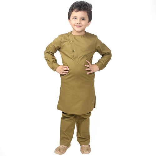 Army Green Asymmetric Placket Kurta And Pyjama Set For Son