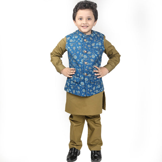 Teal Blue Floral Bandi With Matching Kurta And Pyjama Set For Son
