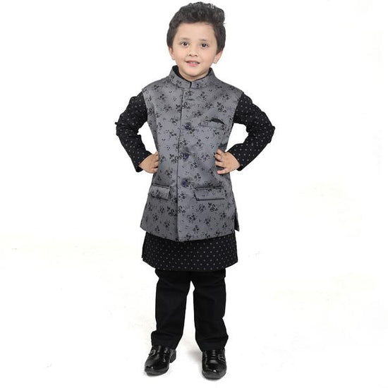 Floral Print Grey Bandi With Printed Kurta And Pyjama Set For Son