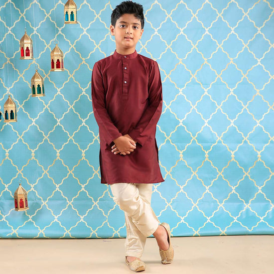 Maroon Kurta & Light Beige Pyjama Set For Son