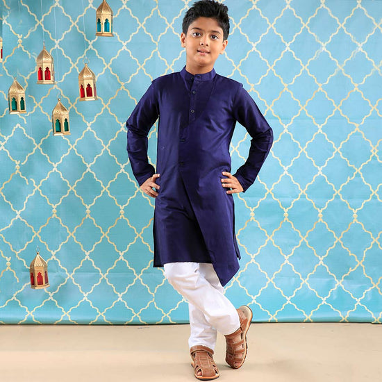 Navy Blue Asymmetric Layered Kurta With White Pyjama Set For Boys