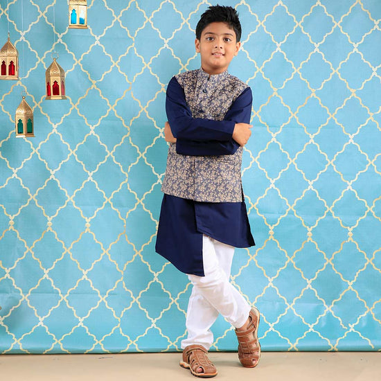 Navy Blue Printed Bandi With Asymmetric Kurta & Pyjama Set For Son