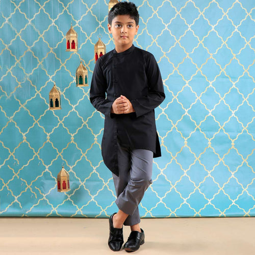 Black Asymmetric Kurta With Grey Pyjama Set For Son