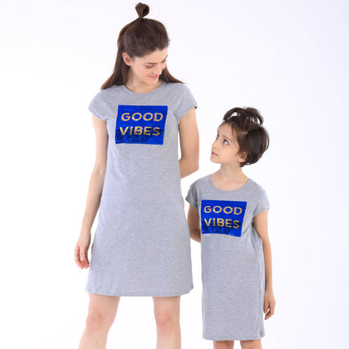 Good Vibes Sequins Shift Dress For Mom And Daughter