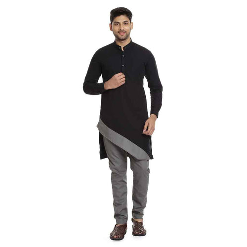 Black And Grey Color Blocking Kurta Pyjama For Men