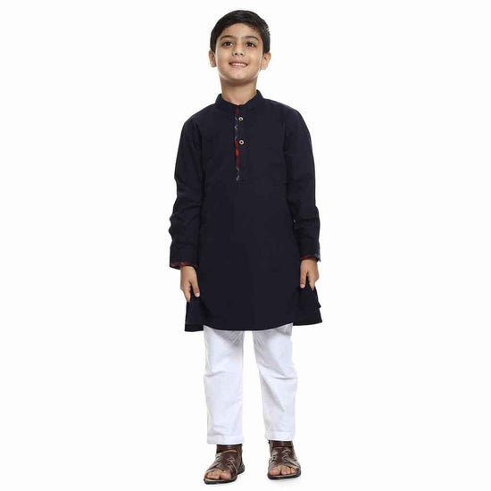 Checks placket detail navy blue kurta with White pyjama set for Father-Son