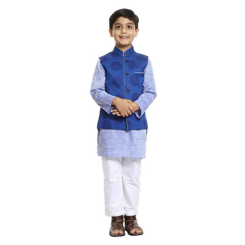 Blue Printed piping detail bandi with light blue kurta pyjama set for Father-Son