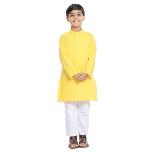 Yellow kurta with white pyjama set for Father-Son