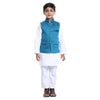 Turquoise Blue Embroidered Bandi with white kurta pyjama set for father son