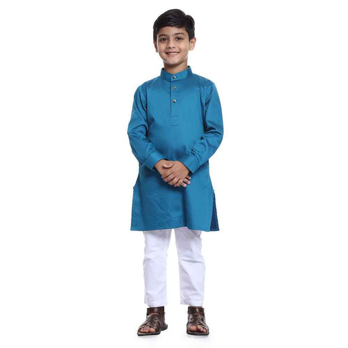 Turquoise Blue kurta with White pyjama set for Father-Son