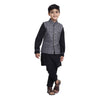 Grey Printed Piping Detail Bandi With Black Kurta Pyjama For Boy