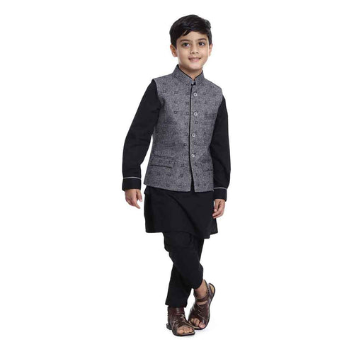 Grey Printed Piping Detail Bandi With Black Kurta Pyjama For Boy