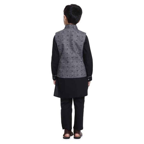 Grey Printed Piping Detail Bandi With Black Kurta Pyjama For Boy